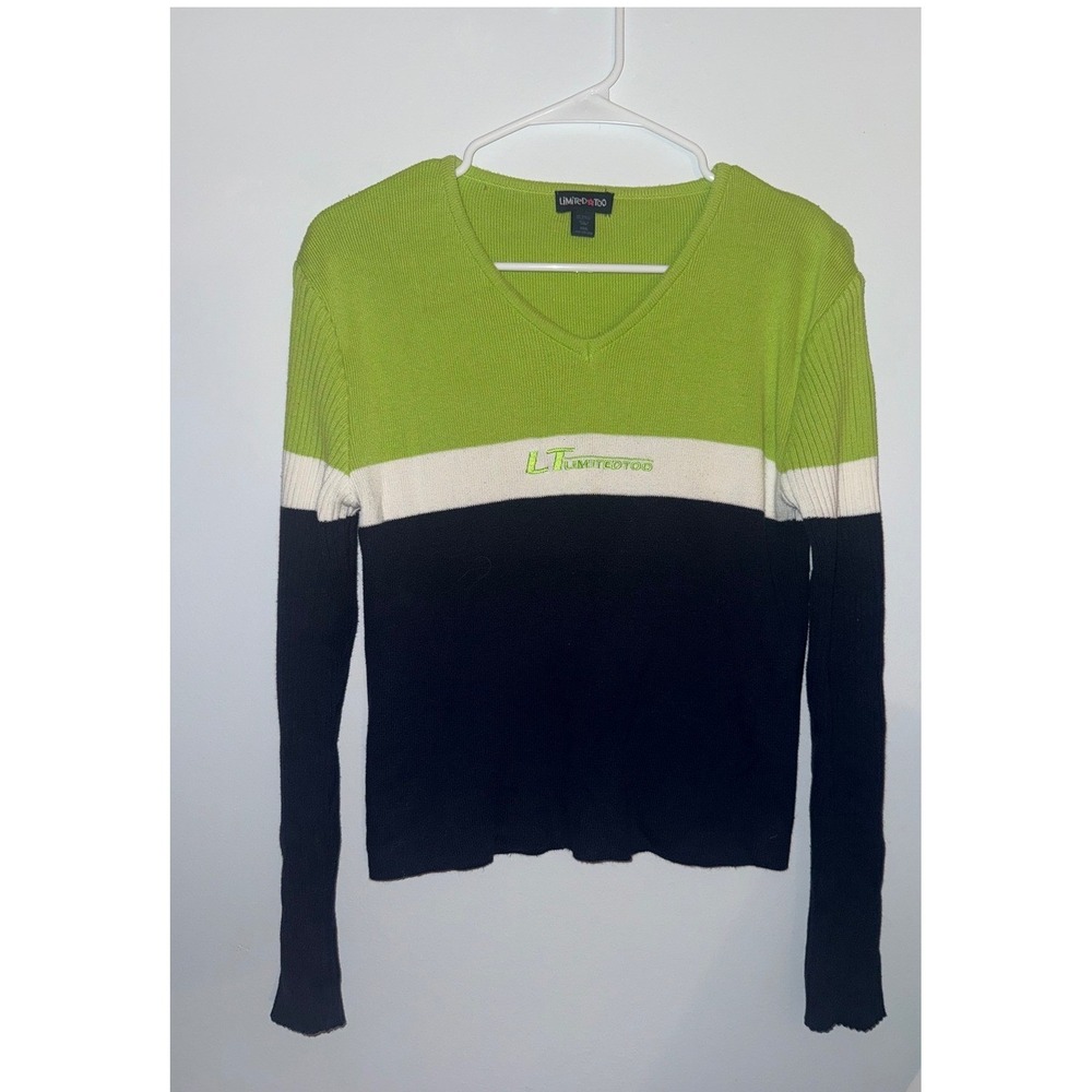 Limited Too Logo Striped V Neck Sweater Size XXXL Citron Green Navy Y2K Vintage
